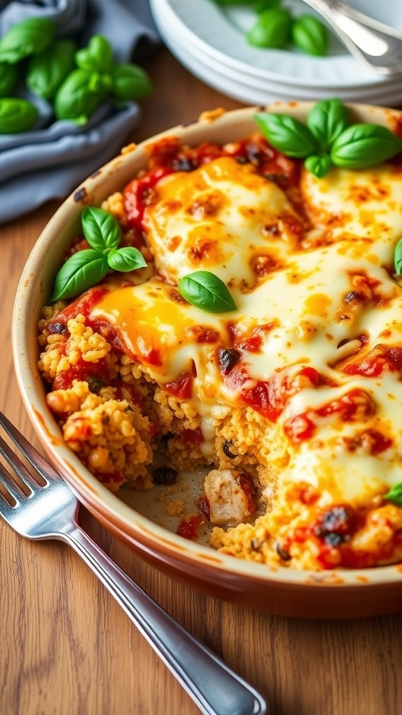 A hearty quinoa chicken parmesan casserole with melted cheese and marinara sauce, garnished with basil, in a rustic baking dish.